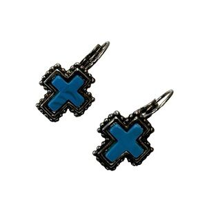 Blue Faux Stone Cross Silver Tone Earrings